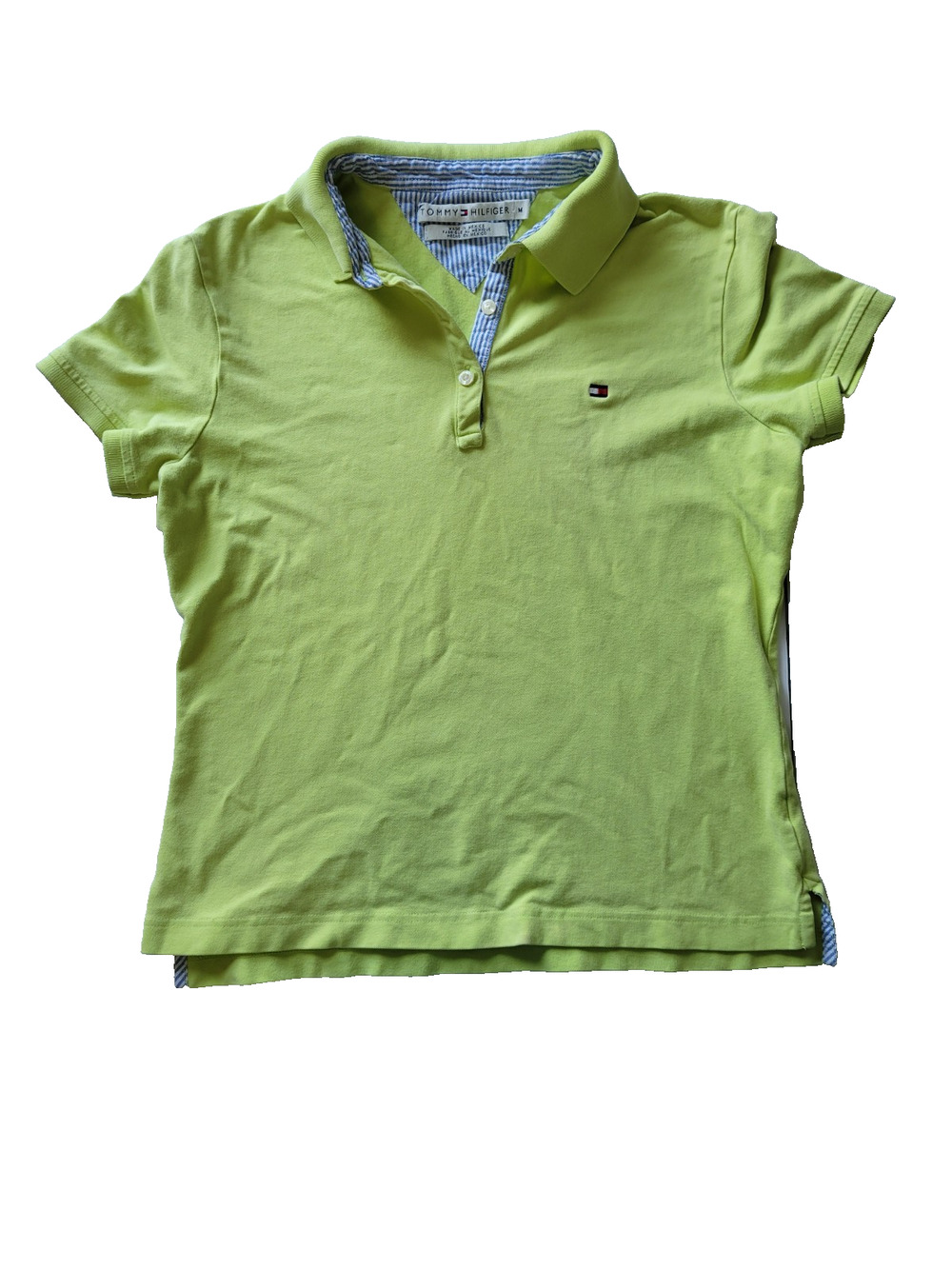 Tommy Hilfiger Womens M Vintage Y2K Lime Green Polo Shirt Stripe Trim Preppy